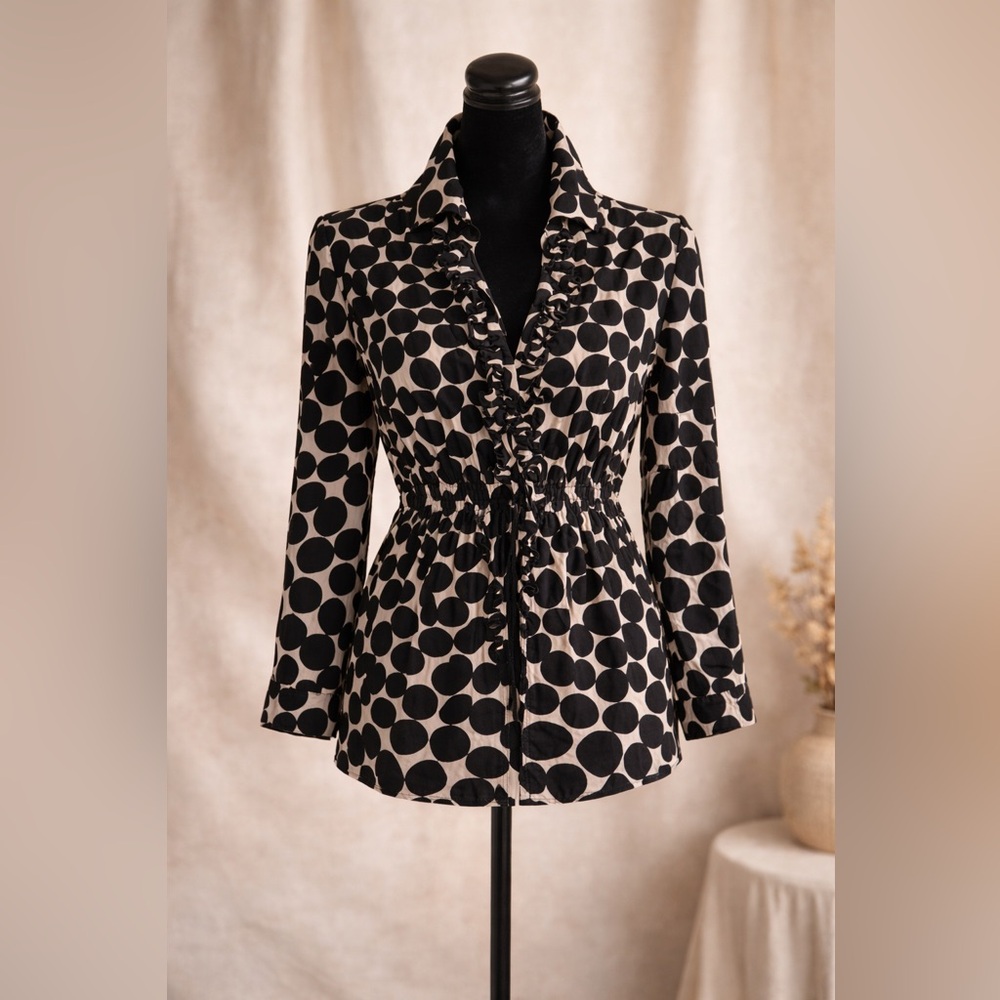 Charter Club Black and Cream Polka Dot Ruffle-Front Blouse